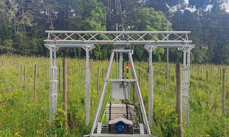 Pórtico de luz UV-C da Matglow sobre carris, a percorrer uma linha de vinha experimental