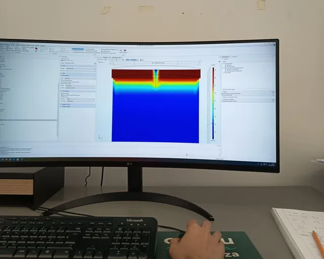 Simulação térmica num monitor curvo, com o mapa de cores da distribuição de temperatura