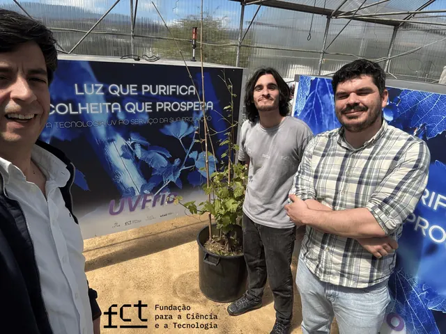 Equipa UVFrio junto ao painel do projeto